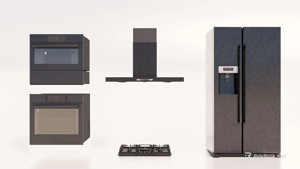 Modern Kitchen Appliances Set With Microwave Range Hood Gas Stove And Refrigerator 3d model 