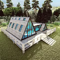 Modern Detached Villa Featuring Sloped Roof Glass Windows Wooden Deck and Lush Green Surroundings