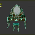 Classic Wooden Vanity Table with Oval Mirror and Carved Details Matching Stool with Teal Cushion
