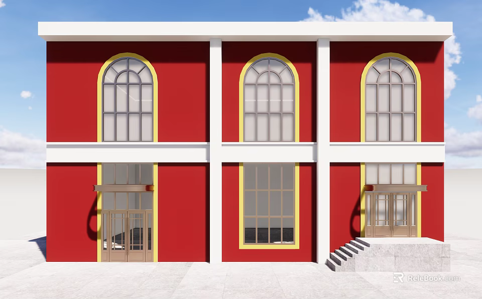 Red Building Storefront Facade With Three Arched Windows White Columns And Stone Steps 3d model 