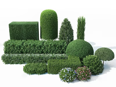 Variously Shaped Trimmed Shrubs for Garden Landscaping with Different Sizes and Flowering Plants 3d model