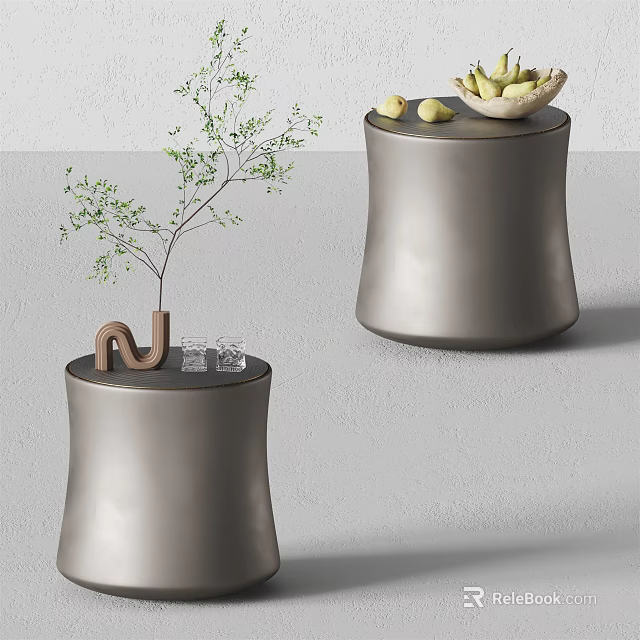 Modern Round Side Tables With Gray Finish Small Tree Plant Letter Decor And Fruit Bowl 3d model 