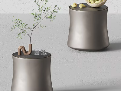 Modern Round Side Tables With Gray Finish Small Tree Plant Letter Decor And Fruit Bowl 3d model