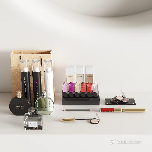 Elegant Perfume And Cosmetic Collection With Perfume Bottles Lipstick Eyeshadow And Mascara 3d model 