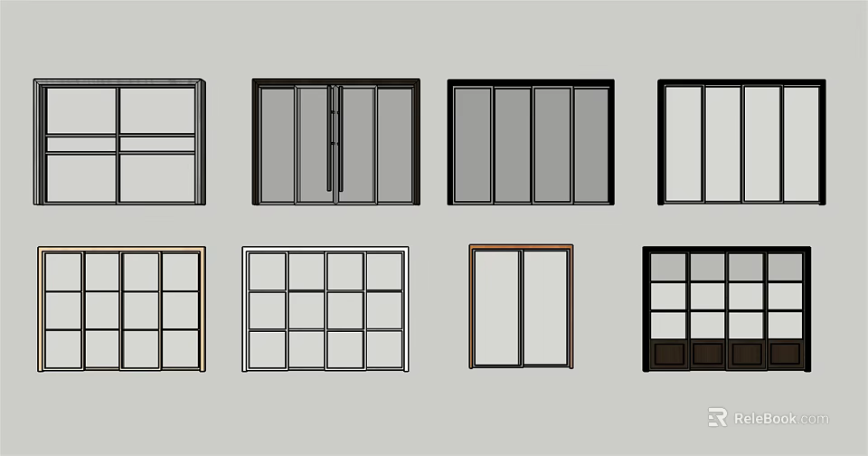 Various Sliding Door Designs With Different Frame Colors And Glass Patterns 3d model