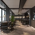 Modern Bistro Restaurant Interior With Hanging Lights Herringbone Floor Green Plant And Large Windows