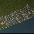 Aerial View Planning of Waterfront Urban Development with Illuminated Buildings and Green Spaces