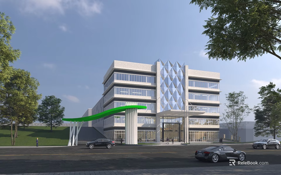 Modern Office Building Exterior Design With Glass Curtain Walls Green Canopy And Trees 3d model 