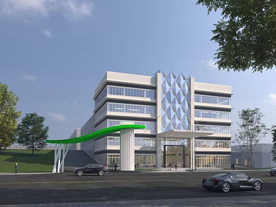 Modern Office Building Exterior Design With Glass Curtain Walls Green Canopy And Trees 3d model