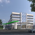 Modern Office Building Exterior Design With Glass Curtain Walls Green Canopy And Trees