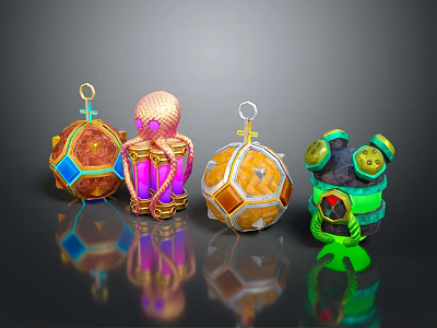 Colorful Decorative Ornaments With Vibrant Shapes And Intricate Designs On Black Surface 3d model
