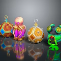 Colorful Decorative Ornaments With Vibrant Shapes And Intricate Designs On Black Surface