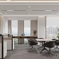 Modern Public Office Space With Open Workstations Desks Chairs Large Windows And Ceiling Lighting