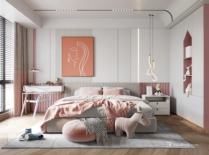 Cozy Kids Room Interior Design With Pink Bed Toys Artwork Wooden Desk And Soft Rug 3d model 