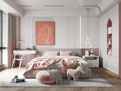 Cozy Kids Room Interior Design With Pink Bed Toys Artwork Wooden Desk And Soft Rug 3d model