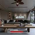 Minimalist Living Room with Gray Sofa Wooden Coffee Table Large Windows and Green Plant