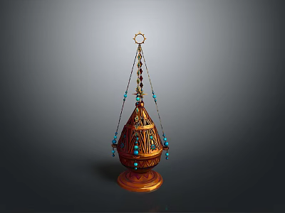 Ornamental Metal Home Decor Piece With Carved Design Blue Beads Hanging Chains And Circular Base 3d model