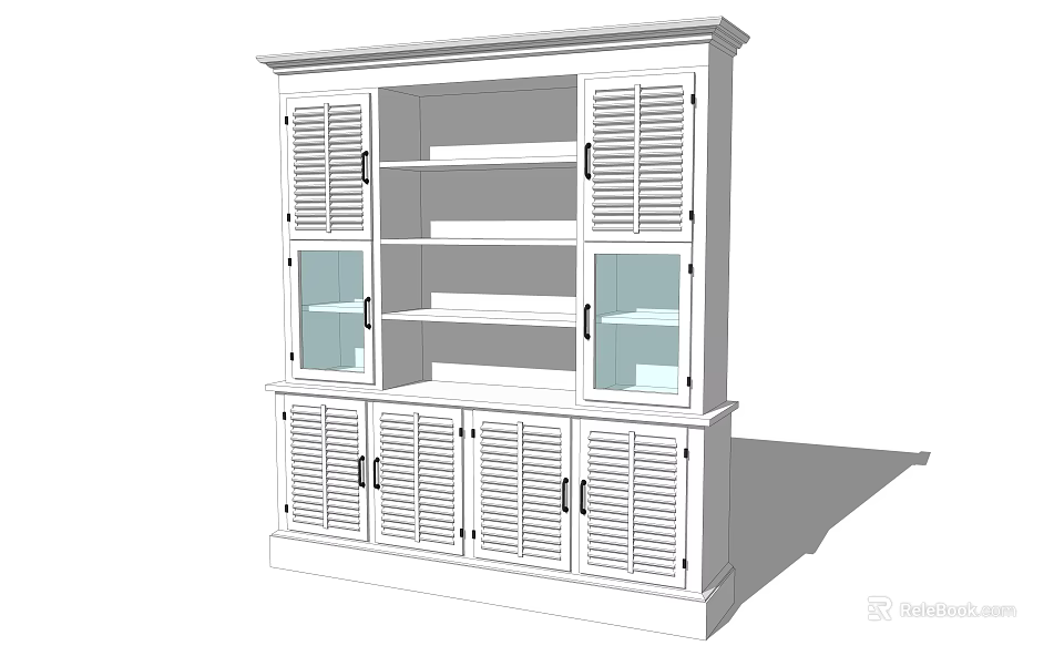 White Classic Bookcase With Shutter Doors Glass Doors And Open Shelves 3d model 