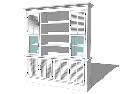 White Classic Bookcase With Shutter Doors Glass Doors And Open Shelves 3d model