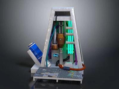 Industrial Mechanical Device With Metal Frame Blue Cylinder Green Glowing Tubes Cables And Control Panel 3d model