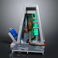 Industrial Mechanical Device With Metal Frame Blue Cylinder Green Glowing Tubes Cables And Control Panel