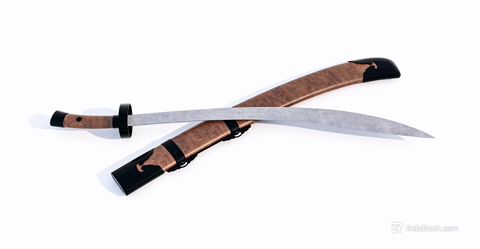 Traditional Curved Scimitar With Wooden Handle Leather Sheath And Sharp Metal Blade 3d model 