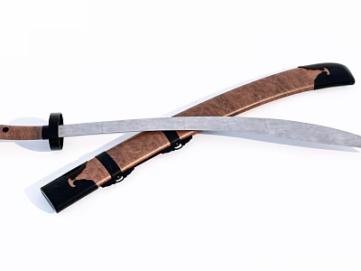 Traditional Curved Scimitar With Wooden Handle Leather Sheath And Sharp Metal Blade 3d model