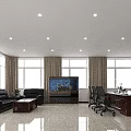 Spacious Modern Office With Large Windows Black Sofa Coffee Table Desk Chairs Green Plant And TV