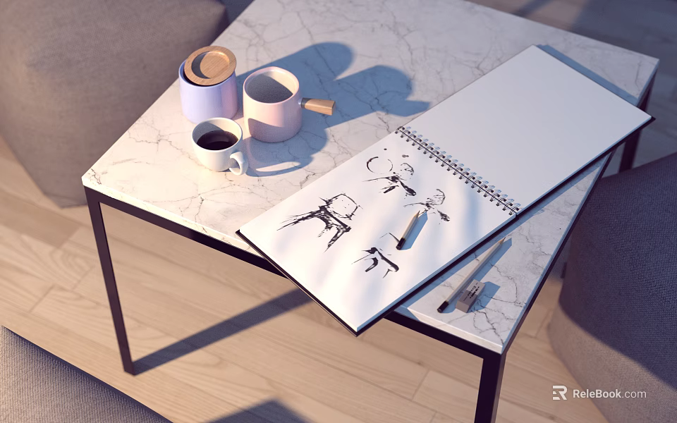 Marble Top Dining Table with Sketchbook with Drawings Cups and Pen Near Gray Sofa 3d model 