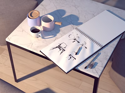 Marble Top Dining Table with Sketchbook with Drawings Cups and Pen Near Gray Sofa 3d model