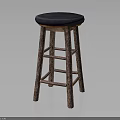 Rustic Wooden Bar Stool With Dark Blue Padded Seat And Textured Legs