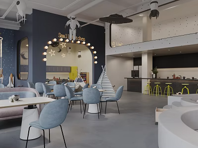 Modern Café Interior Design With Blue Chairs White Tables Bar Counter And Star Lights 3d model
