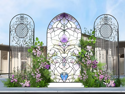 Check-in Area With Stained Glass Arch Wrought Iron Decorations Purple Pink Flowers And Green Plants 3d model