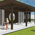 Modern Wooden Pergola With Lawn Area People Relaxing And Children Playing