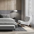 Modern Bedroom Interior With Wooden Accent Wall Gray Upholstered Headboard Table Lamps And Armchair
