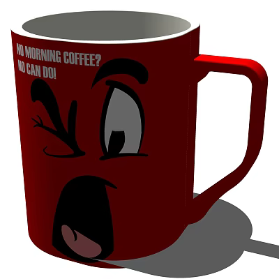 Red Ceramic Mug With Funny Cartoon Face And Morning Coffee Quote 3d model