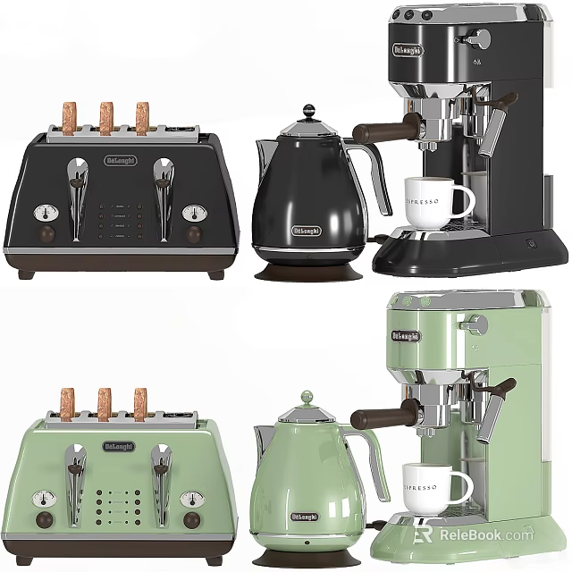 Delonghi Kitchen Appliances Collection With Black Green Toaster Kettle Coffee Machine 3d model 