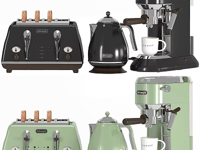Delonghi Kitchen Appliances Collection With Black Green Toaster Kettle Coffee Machine 3d model
