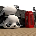 Upside Down Panda Sculpture Red Telephone Booth Photo Spot With Street Lamp And Stone Wall