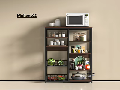 Organized Modern Kitchen Shelf With Microwave Spice Jars Mugs Fruits Vegetables And Pots 3d model