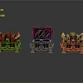 Ornate Treasure Chests with Golden Decorations and Chains Middle One Open with Red Lining