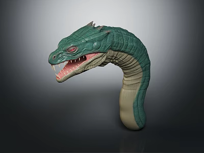 3D Model Mythical Creature with Green Scales Red Eyes Open Mouth Sharp Fangs Curved Body 3d model