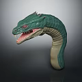 3D Model Mythical Creature with Green Scales Red Eyes Open Mouth Sharp Fangs Curved Body