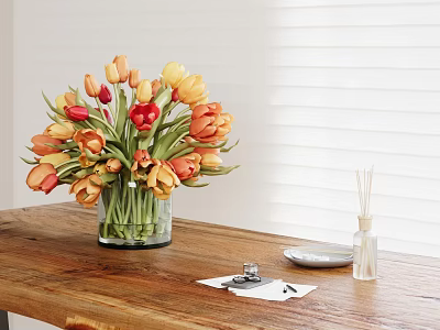 Fresh Yellow Orange Red Tulips in Clear Glass Vase on Wooden Table by Window Blinds 3d model