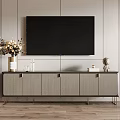 Modern Gray TV Stand With Wall Mounted TV Decorative Vase Books And Striped Wall Panel