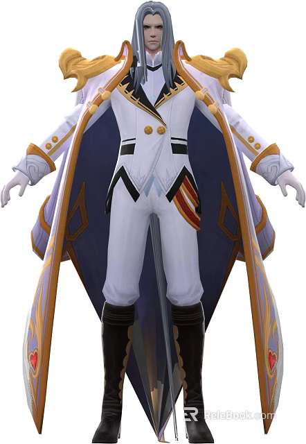 Game and Movie Character in White Uniform With Black and Gold Decorations Purple Cape 3d model 