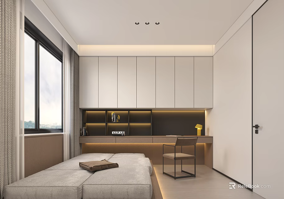 Modern Tatami Bedroom Interior Design With Tatami Bed Desk Bookshelf And White Cabinets 3d model 