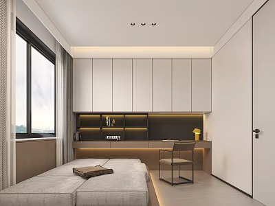 Modern Tatami Bedroom Interior Design With Tatami Bed Desk Bookshelf And White Cabinets 3d model