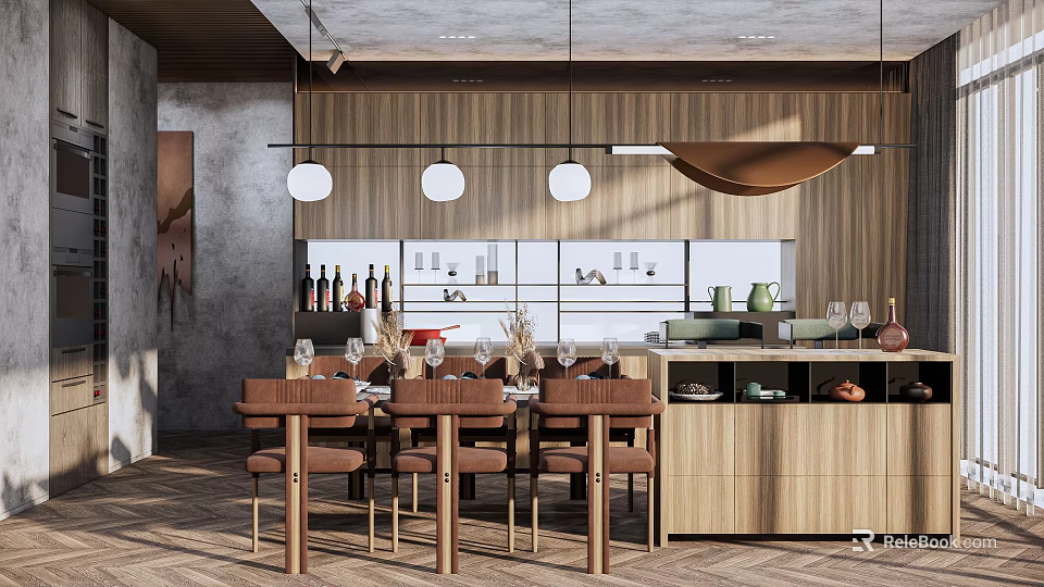 Modern Restaurant Interior With Wooden Walls Hanging Pendant Lights Dining Table Chairs And Bar Counter 3d model 