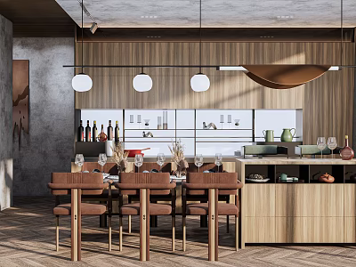 Modern Restaurant Interior With Wooden Walls Hanging Pendant Lights Dining Table Chairs And Bar Counter 3d model